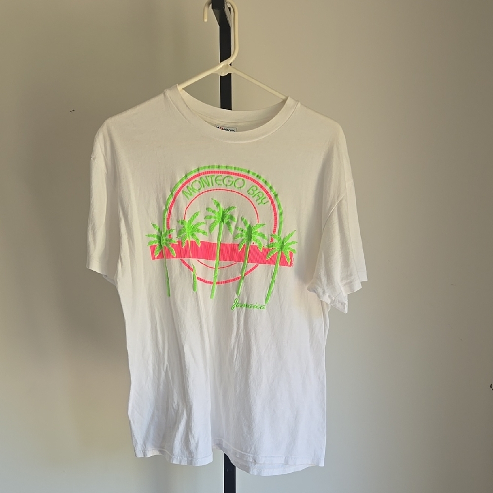 Vintage White Montego Bay Graphic Tee with Neon Palm Print Thin 100% Cotton XL